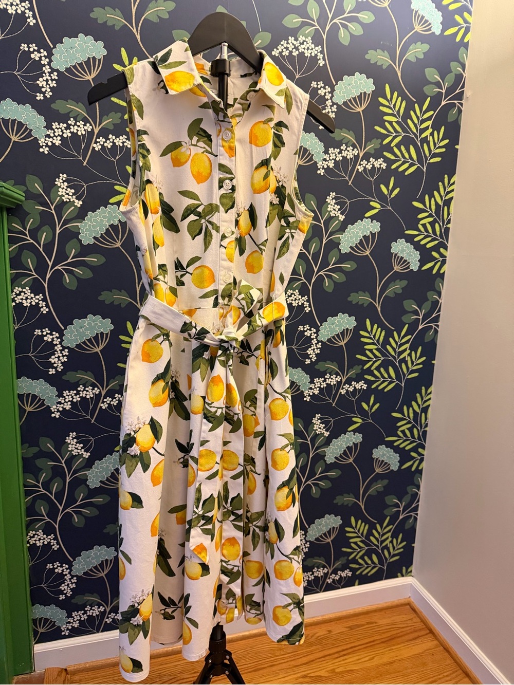 Chetta B Lemon Print Shirt Dress Size 10 Retro Cottagecore Tie Waist Midi